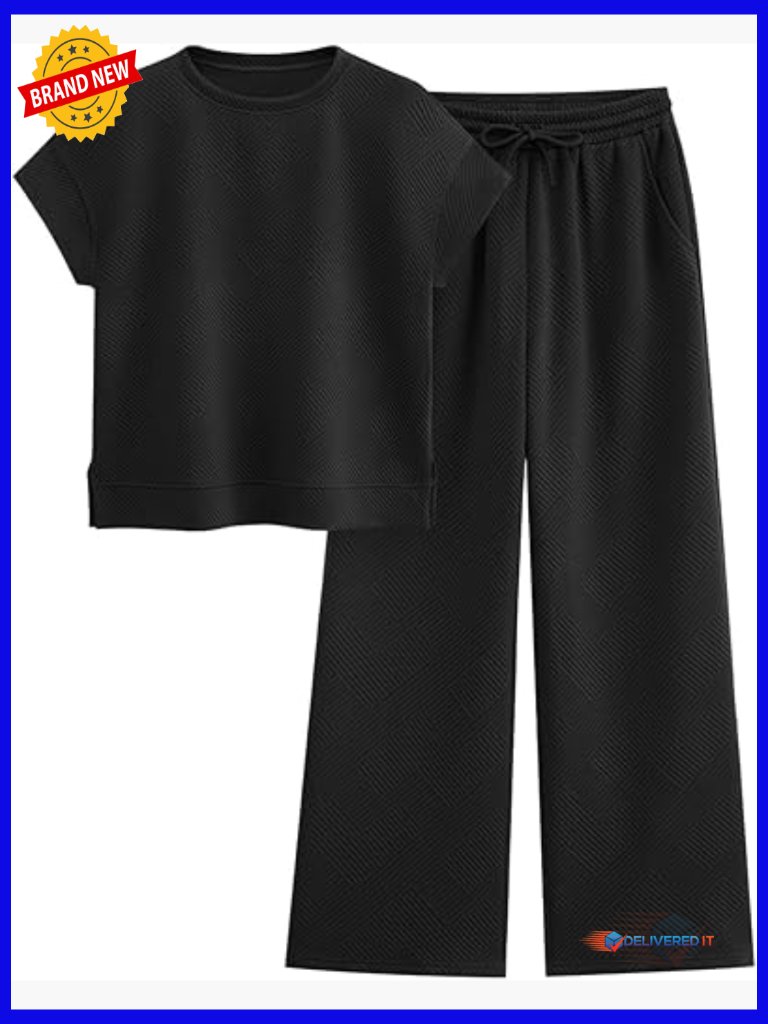 2 Piece Lounge Set Short Sleeve Top Wide Leg Pants Tracksuit